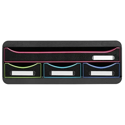 Image de Exacompta Réf. 319914D Toolbox mini caisson individuel à 4 tiroirs pour ranger les petits ustensiles Dimensions extérieures : Profondeur 27 x largeur 35,5 Hauteur 13,5 cm Noir/arlequin