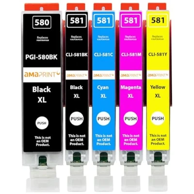 Image de Amaprint 5 XL Cartouches compatibles avec Canon PGI 580 CLI 581 pour Pixma TR7500 TR7550 TR8550 TS6100 TS6150 TS6151 TS6250 TS6251 TS6350 TS6351 TS705 TS9540 TS9541c TS9550 TS9551c