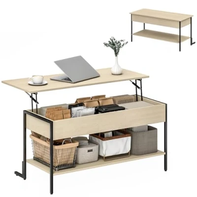 Image de Table basse HOMCOM plateau relevable compartiment caché étagère ouverte panneau de particules 95x40x59cm bois naturel