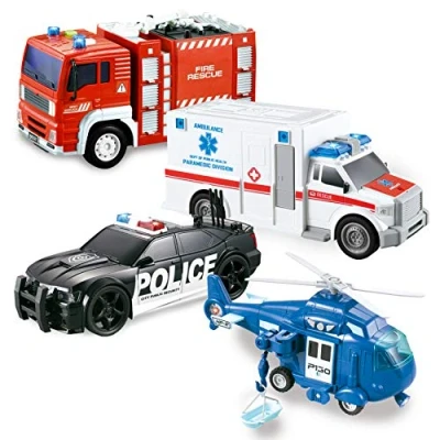 Image de JOYIN Lot de 4 Ensembles Jeu City Hero Propulsés par Friction Comprenant Un Camion Pompiers, Une Ambulance, Voiture Police et Hélicoptère Secours