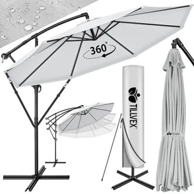 Image de tillvex Parasol déporté hexagonale 3M avec manivelle Pare soleil pied Protection UV en aluminium pour le jardin à marché déperlant (Gris)