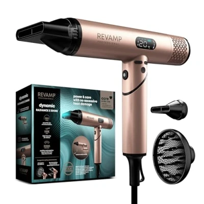 Image de REVAMP Dynamic Radiance X Shine Sèche Cheveux Portable Ionique Moteur Numérique Intelligent pour Séchage Puissant et Rapide Léger, Silencieux, Air Froid 3 Accessoires Magnétiques