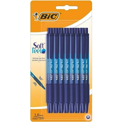 Image de BIC Soft Feel Stylos à Bille avec Pointe rétractable Medium (1,0mn) et Grip en Caoutchouc Bleu, Blister de 15