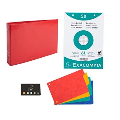 Image de Classeur Pour Fiches + 100 Bristol A5 Quadrillées Perforées 4 Intercalaires 1 Index Adhésif Blumie (Rouge)