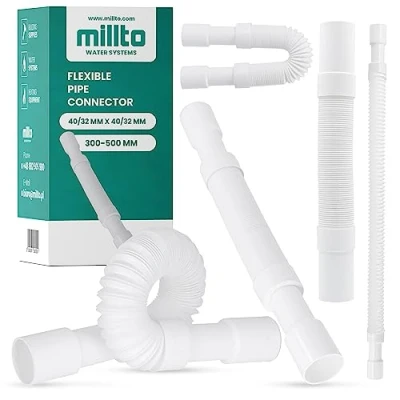 Image de Millto™ Tuyau d&#039;évacuation flexible 40/32 mm en polypropylène blanc Raccord universel de raccordement réglable Compatible avec toutes les configurations