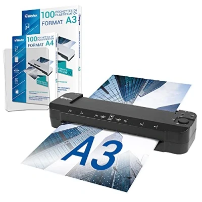 Image de Plastifieuse A3 A4 A5 A6 A7 Pro Ultra Rapide à Chaud et Froid jusqu’à 2x150 microns Température Réglable Usage Professionnel Intensif Pack avec 100 pochettes +