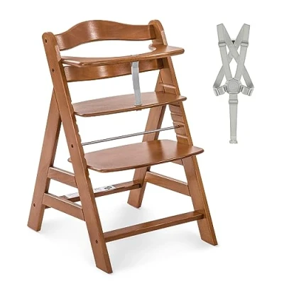 Image de Hauck Chaise Haute Bébé Alpha Plus en Bois Évolutive dès 6 Mois, Réglable, Harnais 5 Points, Barre de Sécurité, Résistante Jusqu&#039;à 90 Kg Noyer
