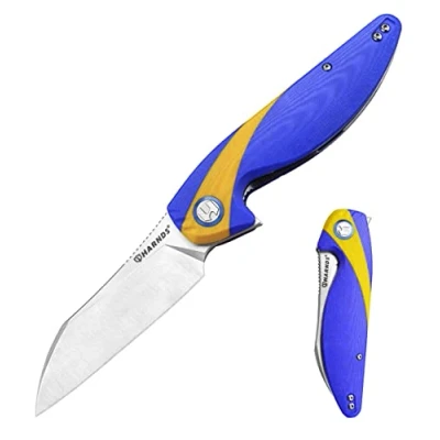 Image de Harnds Parrot Premium Folding Knife with Sandvik 14C28N Blade 3.58&quot; and G10 Handle Clip, Liner Lock for EDC Outdoor Camping Hunting (Bleu et jaune)
