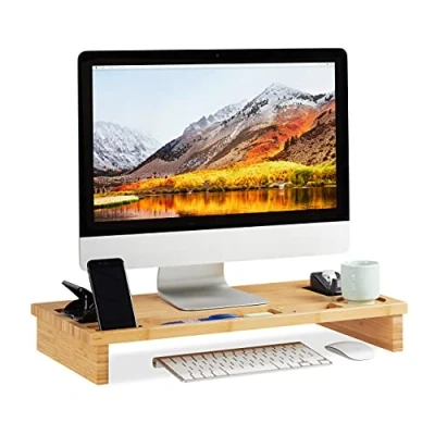 Image de Support moniteur Relaxdays Bambou naturel 7 compartiments Rehaussement d&#039;écran Bon pour le dos