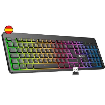 Image de KLIM™ Light V2 Clavier sans Fil QWERTY ES + Fin, Ergonomique, Discret, Waterproof, Silencieux Gamer rétroéclairé pour PC Mac PS4 Xbox One Batterie Intégrée Longue Durée Nouveauté 2022