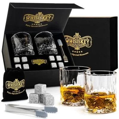 Image de Whisiskey Set de Verres à Whisky Coffret d&#039;accessoires pour Whiskey Verre L&#039;ensemble Contient: 2 Whisky, 8 Glaçons Réutilisables et Un Pince