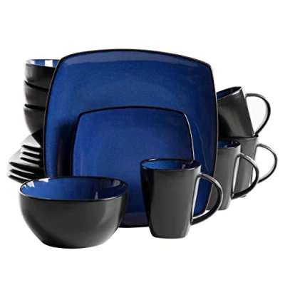 Image de service de vaisselle en grès Gibson Soho Lounge Square avec glaçure réactive, pour 4 personnes (16 pièces), saphir
