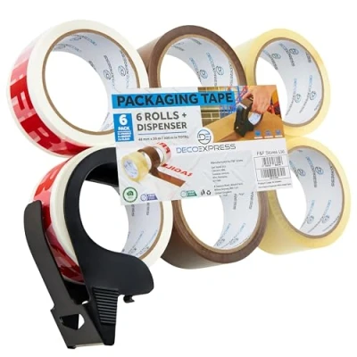 Image de Ruban Adhésif d&#039;Emballage Kit Dévidoir Plastique et 6 rouleaux Rubans Adhésifs Marron Transparent Fragile pour Cartons Déménagement Colis (Dévidoir mix)
