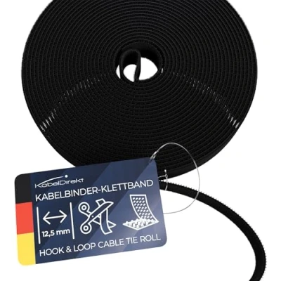 Image de KabelDirekt Attaches de câble 10 m x 12,5 mm librement découpables, réutilisables (rouleau pour couper, refermable, connecte les câbles et bien plus encore, noir)
