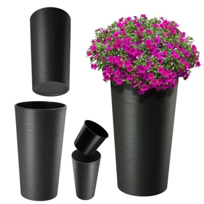Image de KADAX pot de fleurs à base copeaux bois, élégant avec insert amovible, cache pour le bureau, jardin, diamètre 25,5 cm, graphite