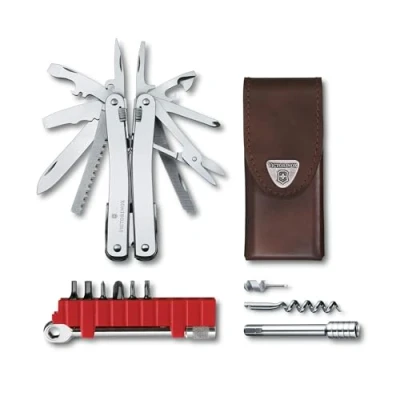 Image de VICTORINOX Outil Multifonction Swiss Tool Spirit X Plus Ratchet, 36 Fonctions, Made, avec Lame Blocable et Pince à Bec, y c. Étui en Cuir, Argent
