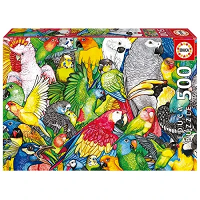 Image de Educa Perroquets 500 pièces Puzzle. Mesure : 48 x 34 cm. Comprend Fix Puzzle Tail pour l&#039;accrocher Une Fois l&#039;assemblage terminé. À partir de 11 Ans (19547)