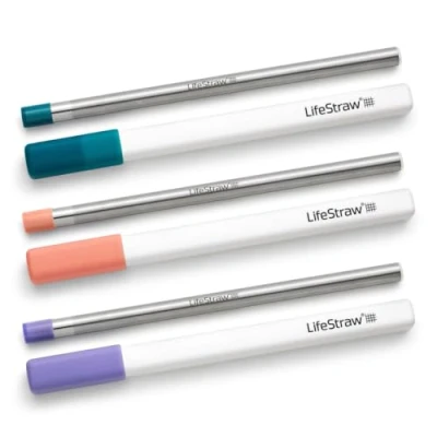 Image de LifeStraw Sip 3 Pack, Pailles Filtrantes Réutilisables en Acier Inoxydable avec Étuis, Élimine les Microplastiques, Bactéries et Parasites pour Voyage Utilisation Quotidienne