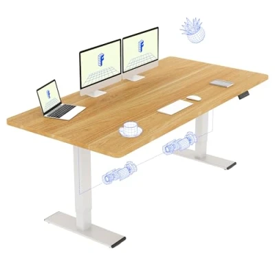 Image de FLEXISPOT Bureau Assis Debout 160 x 70 cm avec 2 Moteurs Puissants, Stable Réglable en Hauteur, Électrique Fonction Mémoire (Blanc + Maple)