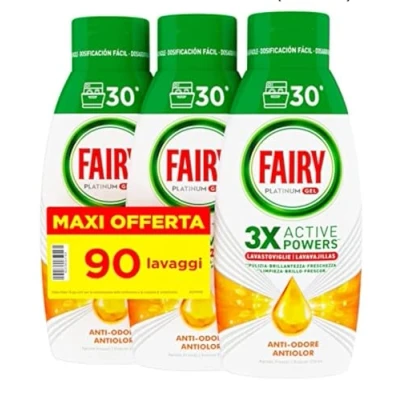 Image de Fairy Lessive Lave vaisselle Gel Liquide, 90 lavages, Lot de 3 bouteilles, Platinum Citron, donne Extra Brillance au vaisselle, Combine Nettoyage Brillant et Fraîcheur