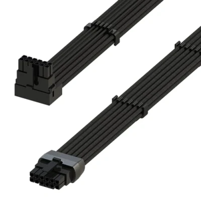 Image de LINKUP Câble d&#039;alimentation Haute Puissance 600W PCIE 5.0 16 Broches (12+4) AVA en Angle Gauche Type moulé et soudé, 16AWG gainé Compatible avec RTX4000 &amp; RTX3000 FE 70 cm Noir