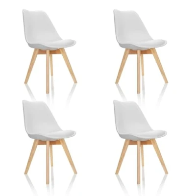 Image de hjh OFFICE 661009 Ensemble de 4 chaises Salle à Manger Scandi Plastique Blanc Pieds en hêtre Massif, Chaise rembourrée Design rétro