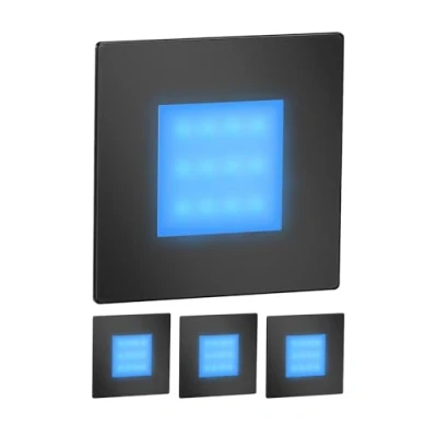 Image de ledscom.de 4 pièces Lumière d&#039;escalier LED/lampe murale encastrée FEX pour l&#039;intérieur et l&#039;extérieur, rectangulaire, noir, 85 x 85mm, bleu