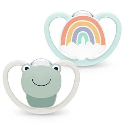 Image de NUK Tétine Space avec ventilation supplémentaire Silicone sans BPA 0 6 mois Grenouille et arc en ciel Lot de 2