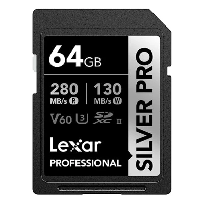 Image de Lexar SILVER PRO carte SD 64Go, mémoire UHS II, V60, U3, C10, Jusqu&#039;à 280Mo/s en lecture, 130Mo/s écriture, SDXC pour DSLR/caméra/photographe/vidéaste/passionné (LSDSIPR064G BNNAA)