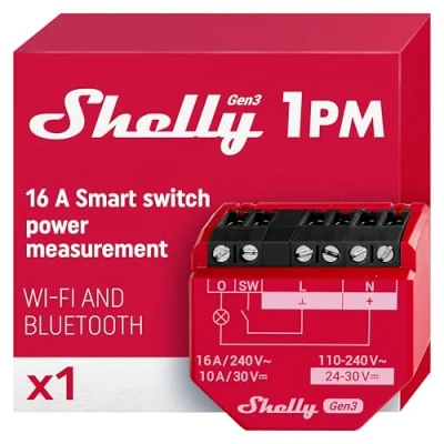 Image de Shelly 1PM Gen3 Interrupteur Connecté Wi Fi et Bluetooth, 1 Canal 16A, Compteur d&#039;énergie Intégré, Aucun Hub Requis, Mémoire de 8 MB, app iOS Android, Compatible Alexa, Google Home, KNXnet