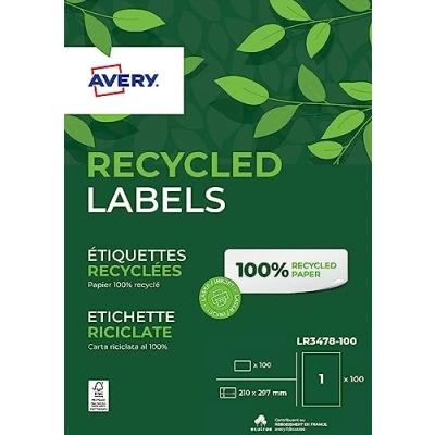 Image de AVERY 100 Étiquettes Autocollantes Blanches Personnalisables 100% Recyclées Format 210 x 297 mm Impression Laser et Jet d&#039;Encre