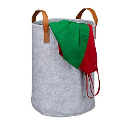 Image de Relaxdays Panier à lessive en Feutre, poignée, 28l Corbeille de Rangement Chambres, Bain,HxD45 x 30 cm,Gris, polyuréthane (PU), 1 élément