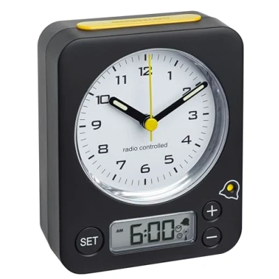 Image de TFA Dostmann Réveil analogique Combo, 60.1511.01.07, avec Horloge Radio pilotée, réglage numérique du réveil, Touches silencieuses, Reveille Matin électronique, Noir Jaune