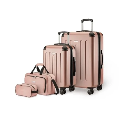 Image de Amazon Basics Ensemble de Bagages Rigides, 4 Pièces, Grande Valise, Bagage Cabine, Sac Fourre Tout, Voyage Compact, Extensible, roulettes Pivotantes, Or Rose