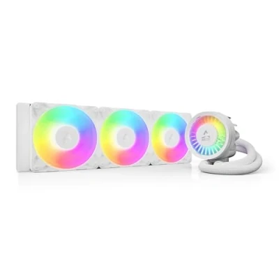 Image de ARCTIC Liquid Freezer III Pro 360 A RGB (blanc) Refroidisseur CPU AIO, 3 x 120 mm refroidissement à eau, radiateur 38 mm, pompe PWM, ventilateur VRM, AMD AM5/AM4, Intel LGA1851/1700 Cadre de contact