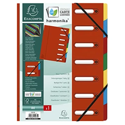 Image de Exacompta Réf. 55075E 1 trieur HARMONIKA avec élastiques et fenêtres découpées couverture en carte lustrée dos extensible 7 compartiments pour A4 dim 24,5 x 32 cm couleur rouge