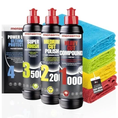 Image de Kit de Polissage Automobile Menzerna : Heavy Cut Compound 1000 + Medium 2200 Super Finish Plus 3500 Ceramic Spray Sealant 4X Chiffon Microfibre 40x40cm