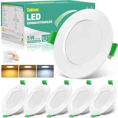 Image de Tailcas Spot LED Encastrable 5W, Dimmable Extra Plat 450lm IP44, Spots de Plafond Blanc Chaud 3000K Neutre 4000K Froid 6500K 230V,