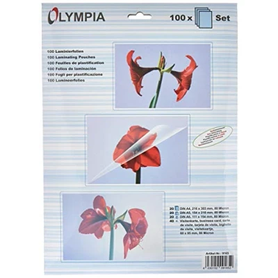 Image de Olympia 9165 pochettes de plastification à chaud, (20 x A4, 20 A5, A6, 40 pour cartes visite), 80 microns