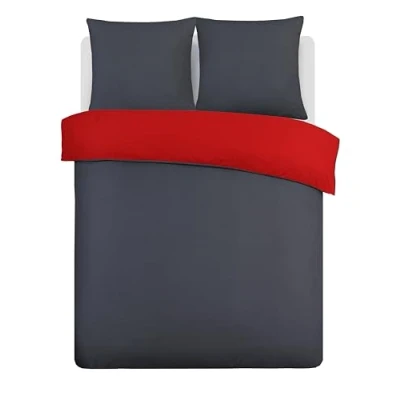 Image de Vision Parure de lit Réversible Bicolore Anthracite/Rouge Set Housse Couette 155 x 220 cm avec 2 taies d&#039;oreiller 80x80cm 100% Coton
