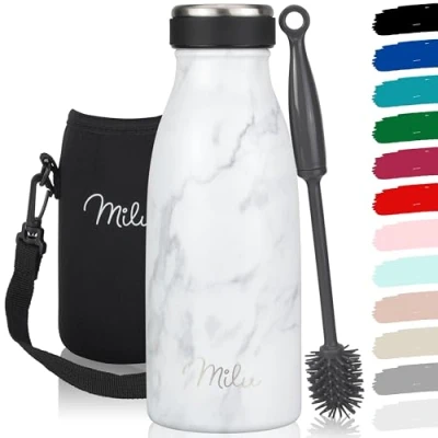Image de Milu Gourde en acier inoxydable 350 ml 500 ml, 750 1000 1,5 l bouteille isotherme, d&#039;eau isolée, double paroi anti fuite, convient aux acides carboniques (Marble, 350ml)
