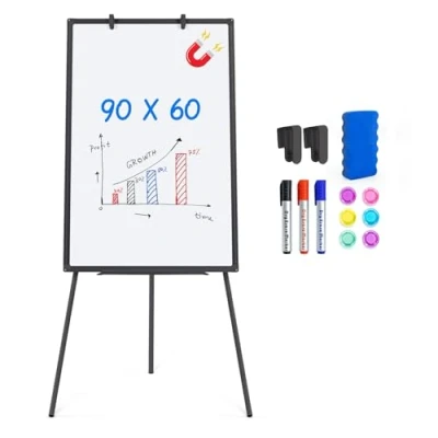 Image de maxtek Tableau Blanc Effacable sur Pied, 90 x 60 cm Magnetique avec Support, Portable et Réglable en Hauteur pour Bureau, Enseignement à la Maison ou Salle de Classe