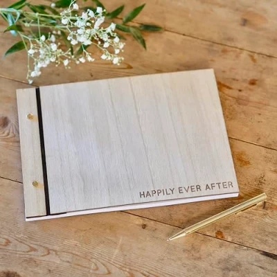 Image de Ginger Ray Livre d&#039;or de Mariage en Bois « Happily Ever After » avec 32 Pages Vierges, Neutral