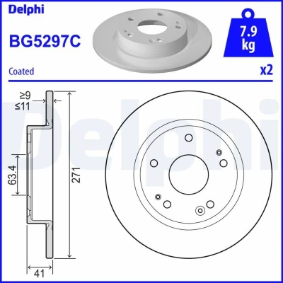 Image de DELPHI BG5297C Disque de frein 271 11 5 plein revêtu non traité sans roulement roue, bague ABS FORD: Focus Mk4 3/5 portes, Turnier