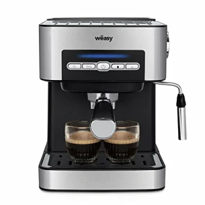 Image de Machine à café expresso programmable Wëasy KFX32, 15 tasses, 1,6 L, bras double sortie, vaporisateur, surface chauffante pour tasse, acier inoxydable, argent, 850 W