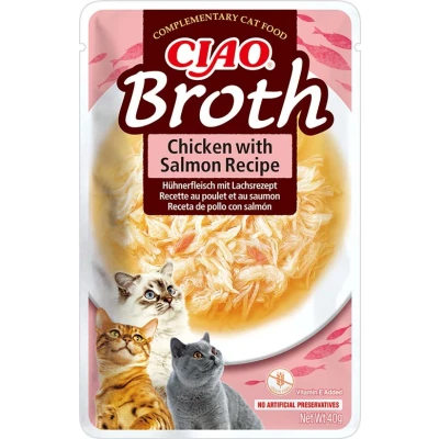 Image de INABA Ciao Broth Poulet &amp; Saumon Friandise pour Chat Humide Délicieuse et Saine Sauce Plat d&#039;accompagnement Complément Naturel sans Céréales Pâtée 1 x 40g