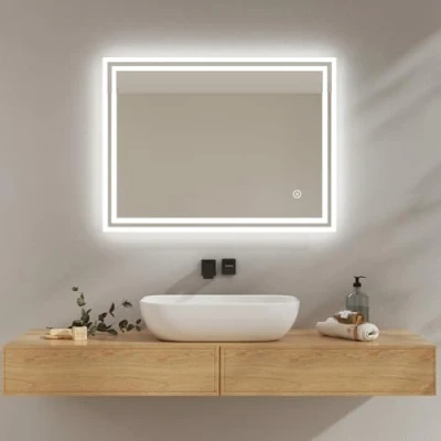Image de EMKE Miroir Salle de Bain avec Éclairage 80x60 cm, LED,3 Couleurs Lumière Dimmables(Lumière Blanche Chaude/Froide/Neutre), Fonction Anti buée, Interrupteur Tactile, Mural