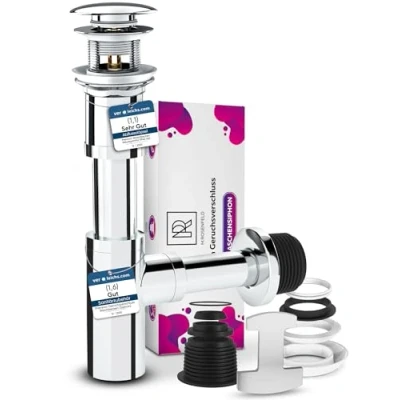 Image de M. ROSENFELD HOME Siphon Lavabo Universel 1 1/4&quot; Bonde Salle de Bain + Reglables Design Evier Acier Inoxydable et Laiton Massif Éliminez les Odeurs Bouchons