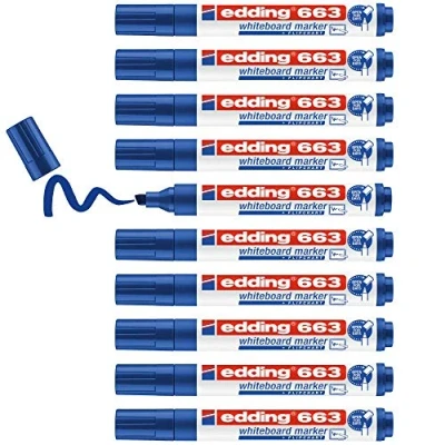 Image de edding 663 Marqueur pour tableaux blancs bleu 10 stylos pointe biseautée 1 5 mm feutre effaçable tableaux, blanc, magnétique, mémo et chevalet de conférence sketchnotes rechargeable