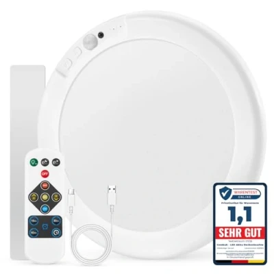 Image de Combuh Rechargeable Plafonnier LED Detecteur de Mouvement, 3000K 6500K Dimmable Luminaire Sans Fil USB, Ø19CM Rond Lampe Plafond avec Télécommande pour Salle Bain Garage Couloir Chambre